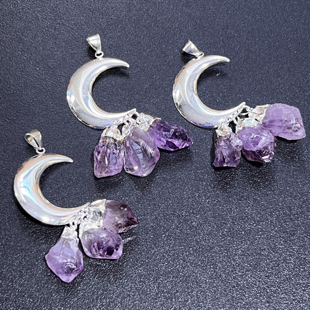Amethyst Crystal Crescent Moon Pendant (Silver Plated) Amazing Crystals