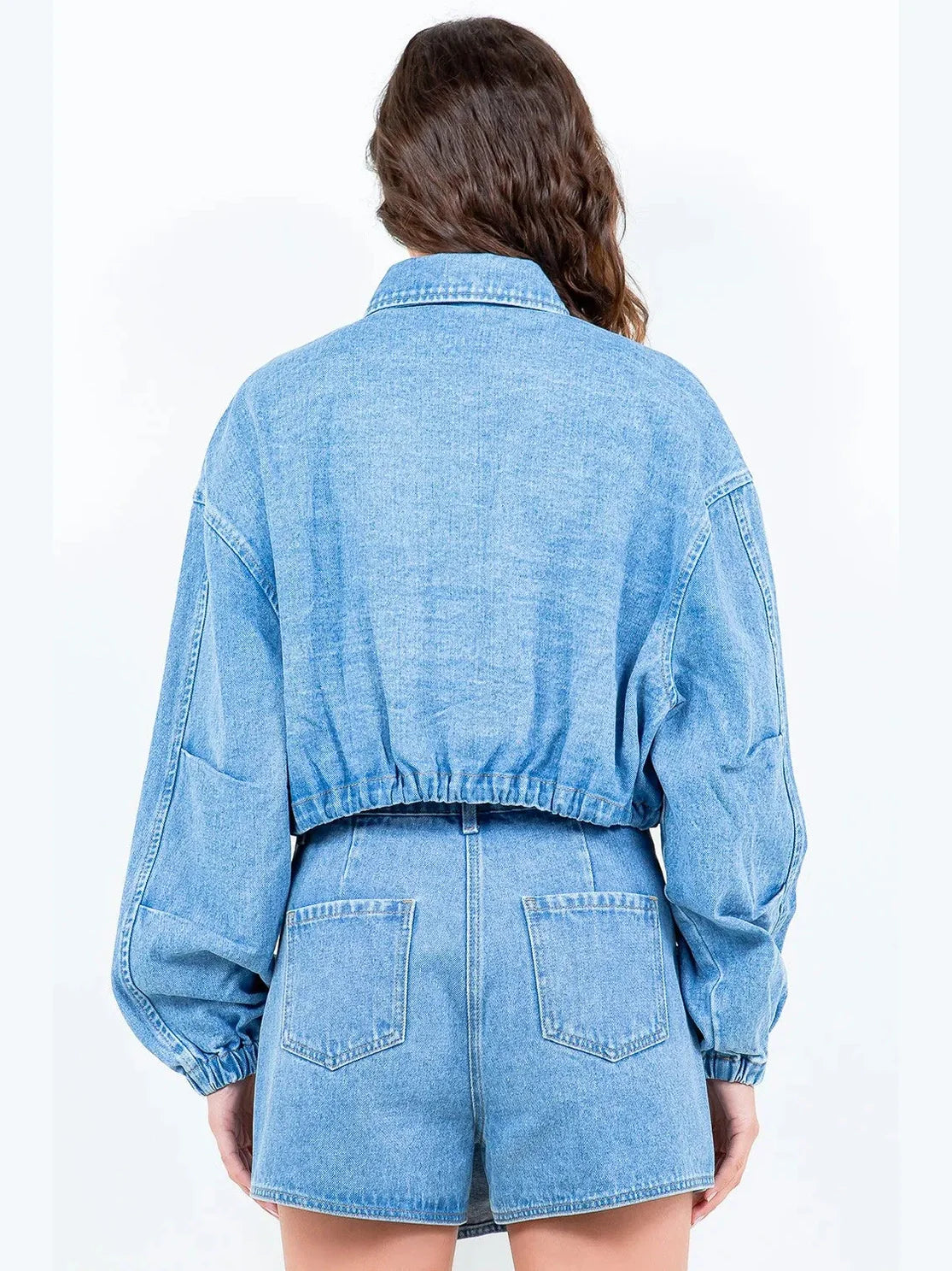 American Bazi Drawstring Waist Crop Denim Jacket NicholesGifts