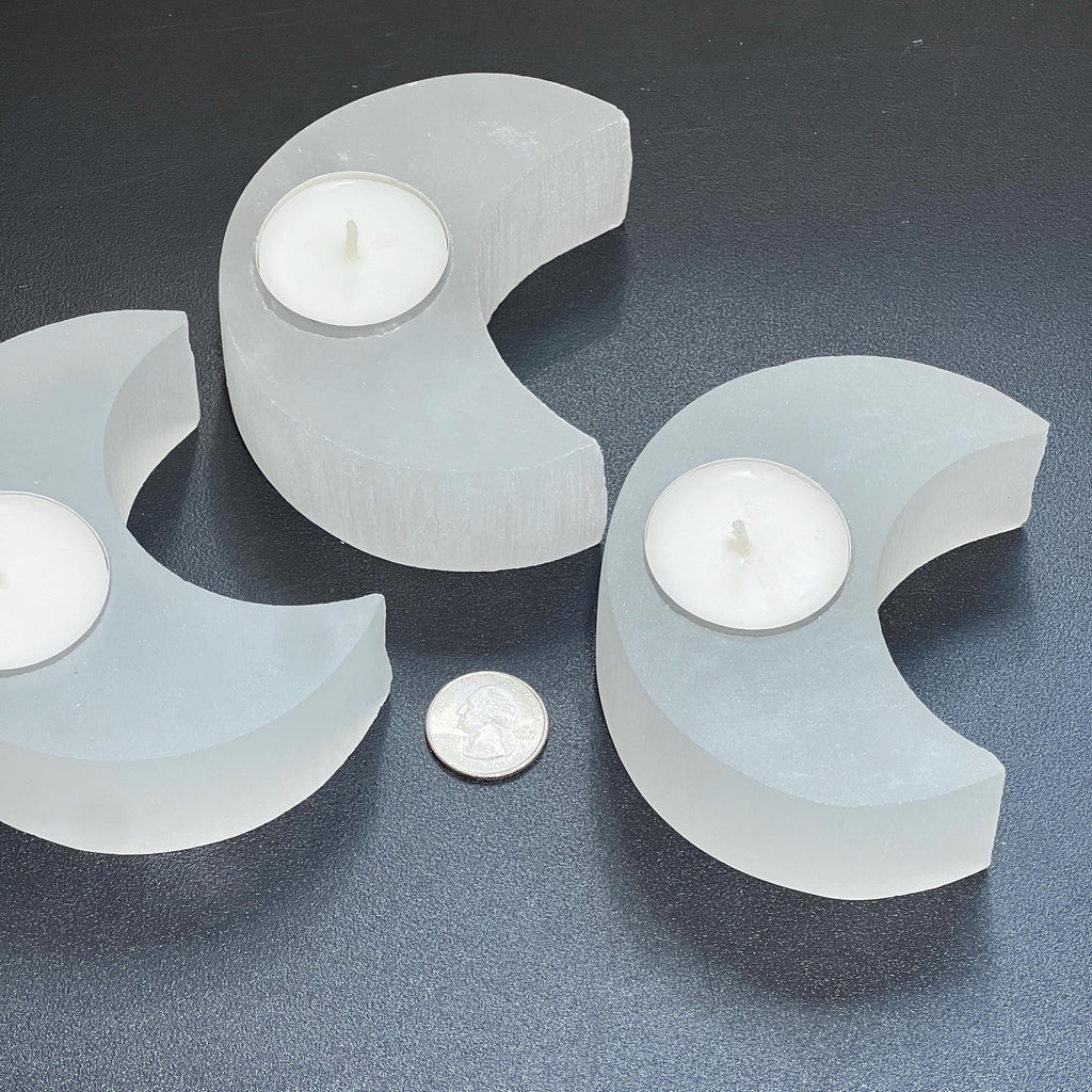 Selenite Crystal Crescent Moon Tealight Candle Carving Gemstone Home Decor Amazing Crystals