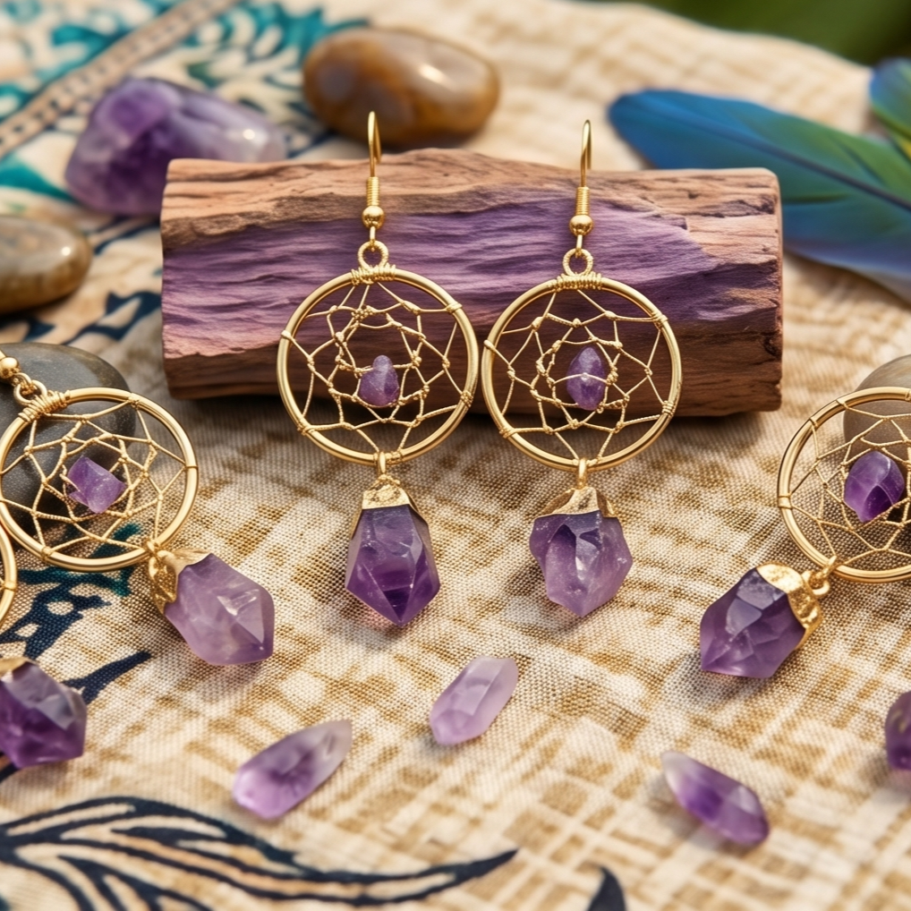DreamCatcher Earrings Pair (Amethyst Crystal)(Gold Plated)(Stainless Steel Hooks) Amazing Crystals