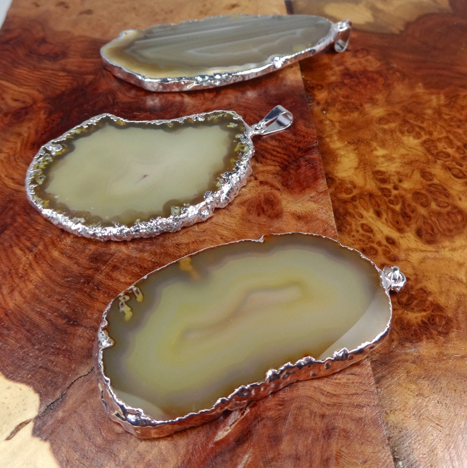 Brown Agate Slice Pendant (Silver Plated Edges) Polished Geode Jewelry Amazing Crystals