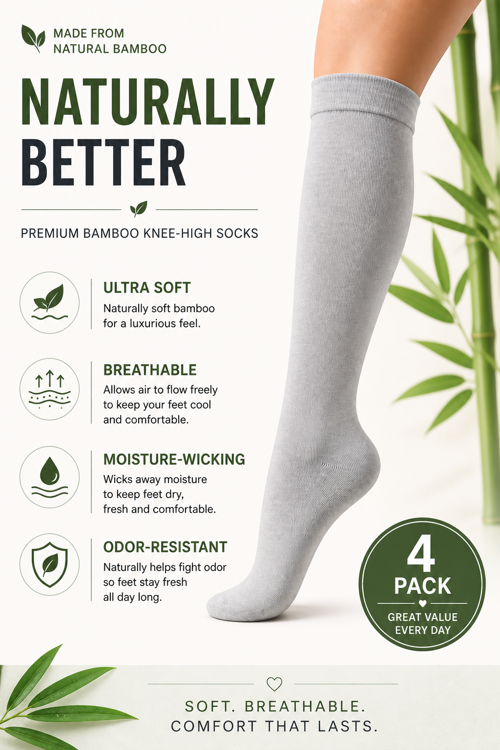 Women’s Bamboo Knee-High Socks 4-Pack – Soft & Breathable Bambooven