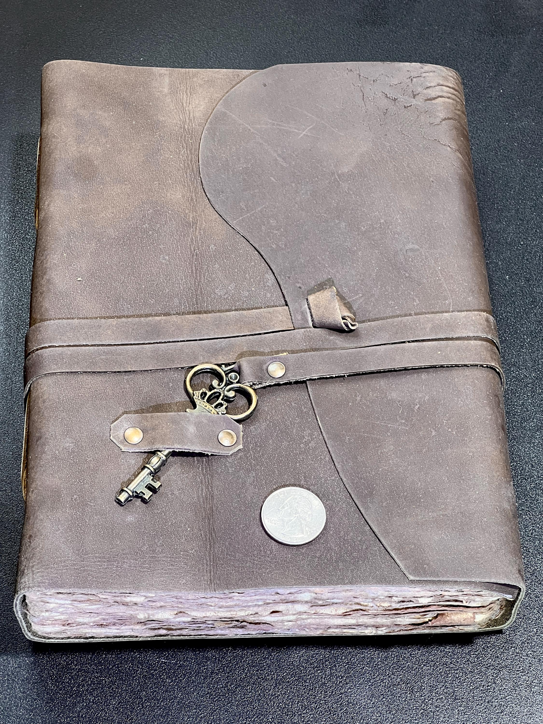 Papyrus Rustic Brown Leather Bound 100 Page Sketchbook Notebook Key Carving Amazing Crystals