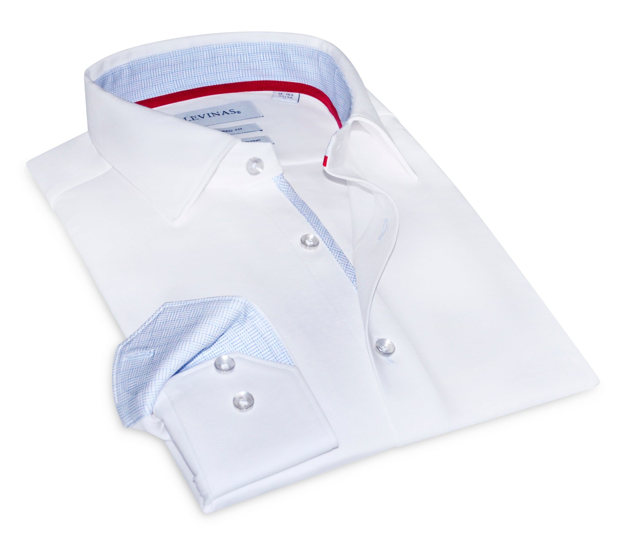 Kenneth// Cotton Knit-Stretch Button-Up Shirt With Contrast Details // White // Tailored Fit (Fitted) LEVINAS® Official
