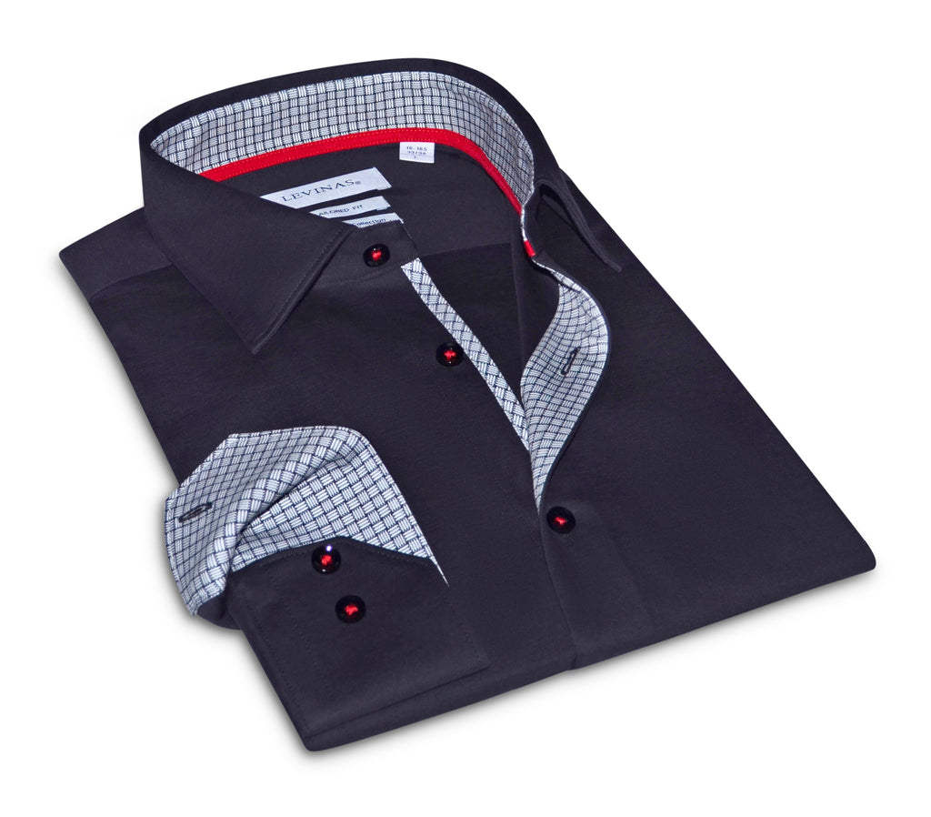 Donny// Cotton Knit-Stretch Button-Up Shirt With Contrast Details // Black // Tailored Fit (Fitted) LEVINAS® Official