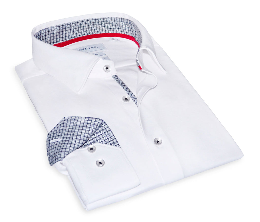Jason// Cotton Knit-Stretch Button-Up Shirt With Contrast Details // White // Tailored Fit (Fitted) LEVINAS® Official