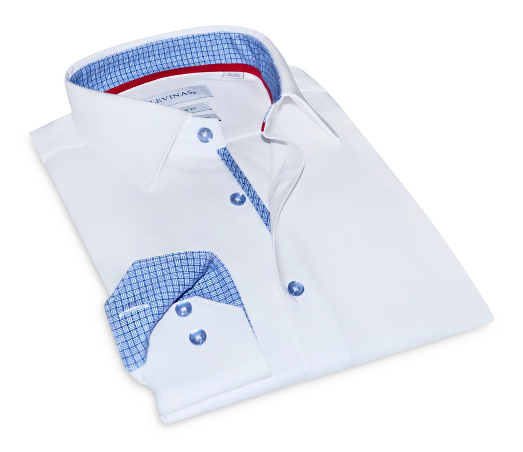 Edward// // Cotton Knit-Stretch Button-Up Shirt With Contrast Details // White // Tailored Fit (Fitted) LEVINAS® Official