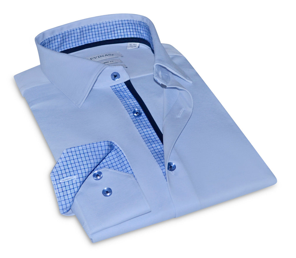 Levy// Cotton Knit-Stretch Button-Up Shirt With Contrast Details // Blue // Tailored Fit (Fitted) LEVINAS® Official