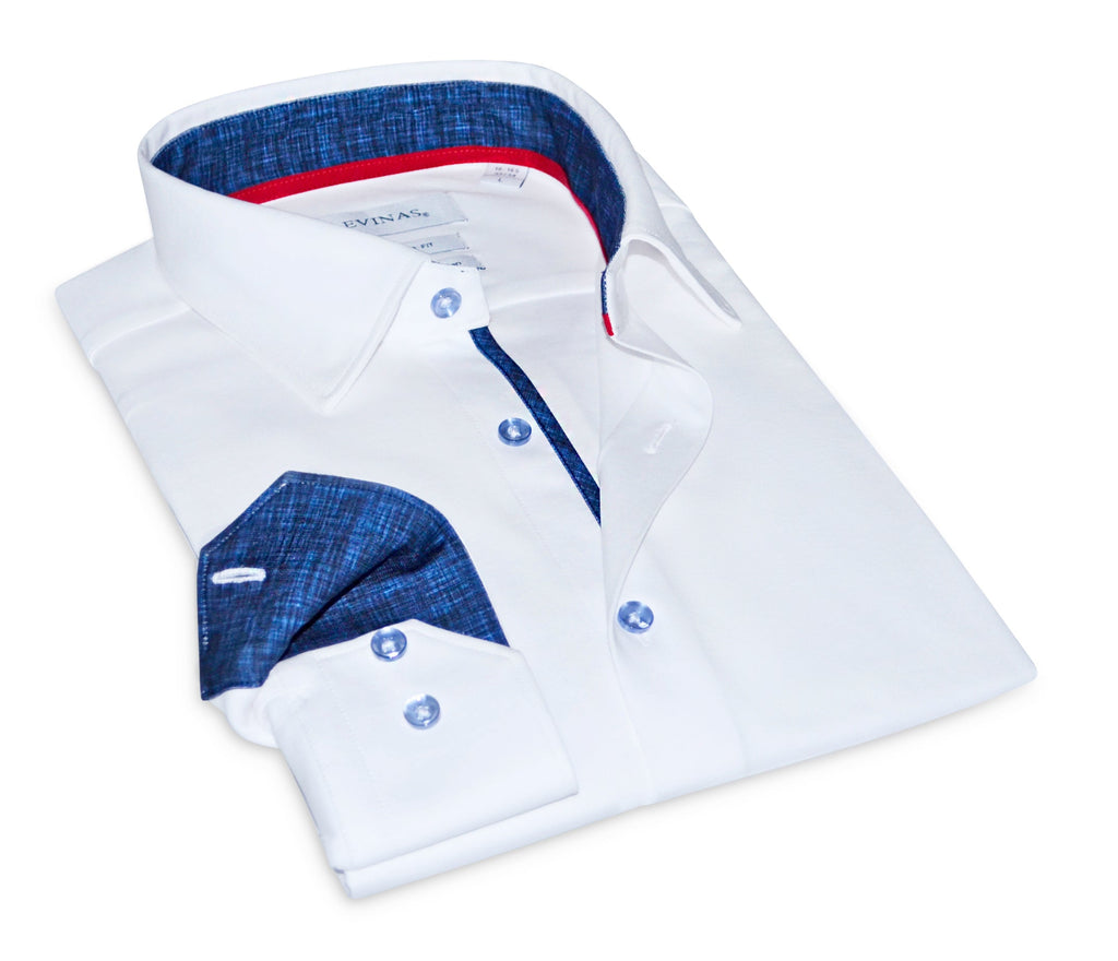 Ron// Cotton Knit-Stretch Button-Up Shirt With Contrast Details // White // Tailored Fit (Fitted) LEVINAS® Official