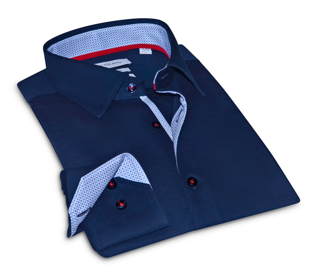 Paul// Cotton Knit-Stretch Button-Up Shirt With Contrast Details // Navy // Tailored Fit (Fitted) LEVINAS® Official