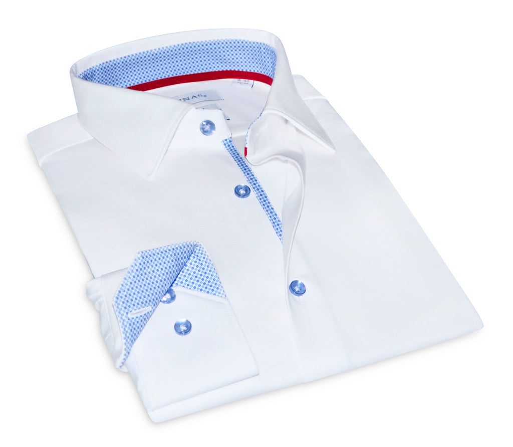 Scott// Cotton Knit-Stretch Button-Up Shirt With Contrast Details // White // Tailored Fit (Fitted) LEVINAS® Official
