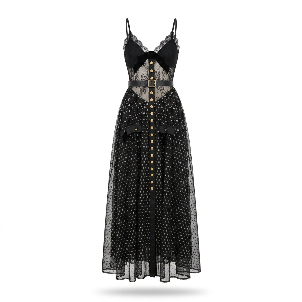 Audacious Polka Dot Mesh Maxi Dress Boho Brown