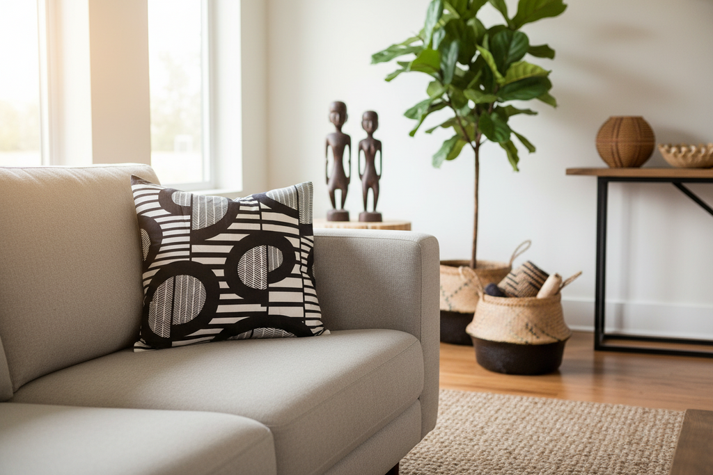 African Print Fabric Pillow Cover - Black White Abstract Pattern Reflektion Design