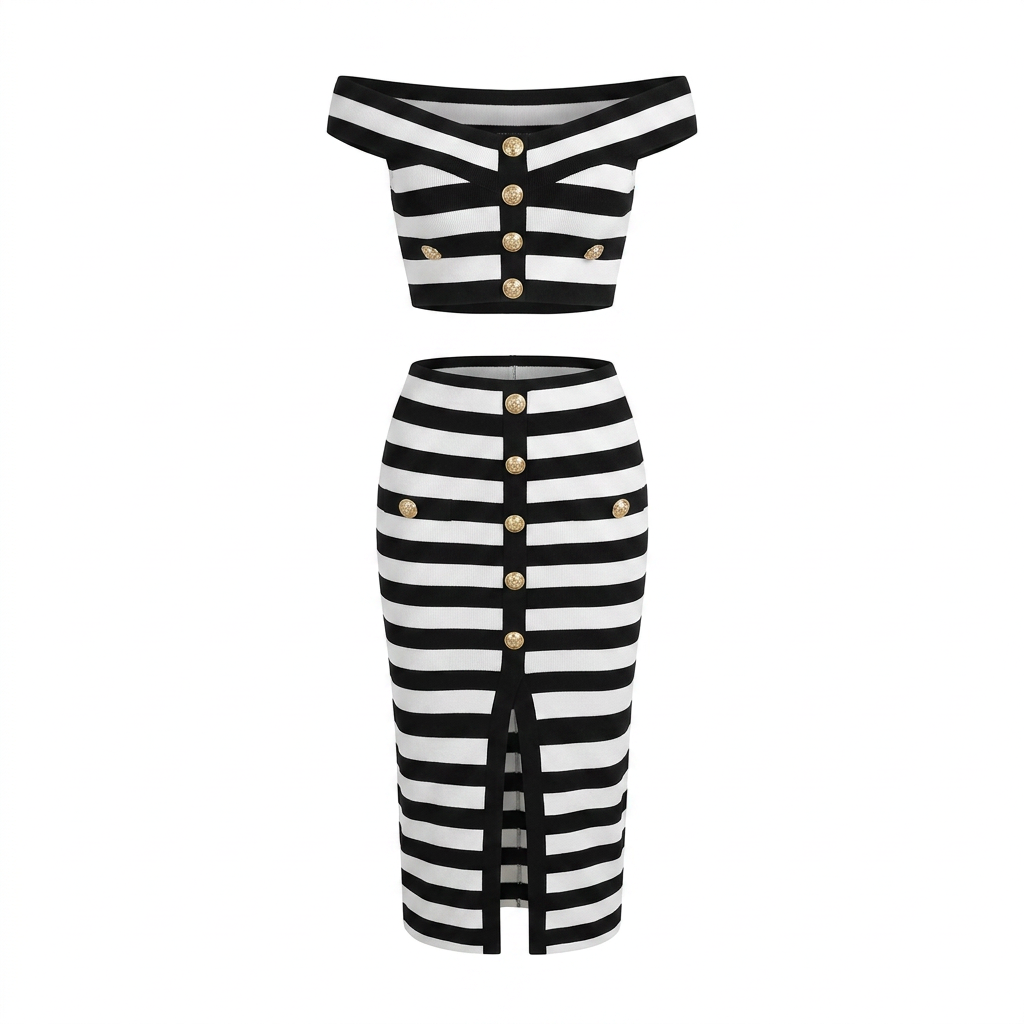 Confident Striped Button Two-Piece Set Boho Brown