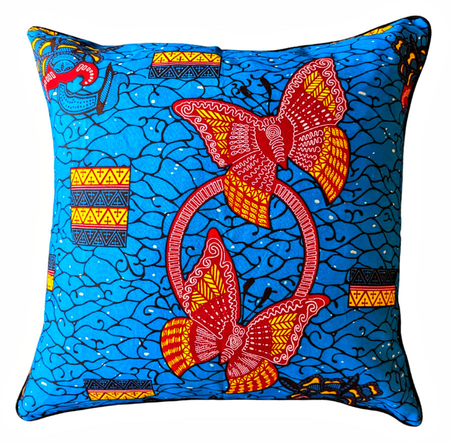 African Print Fabric Pillow Cover - Blue Red Butterflies Reflektion Design