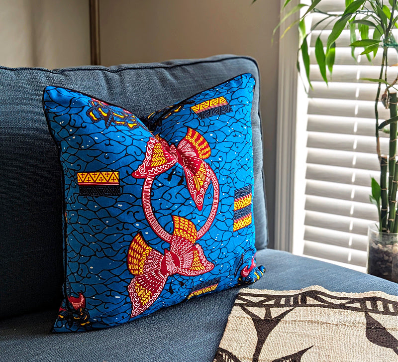 African Print Fabric Pillow Cover - Blue Red Butterflies Reflektion Design