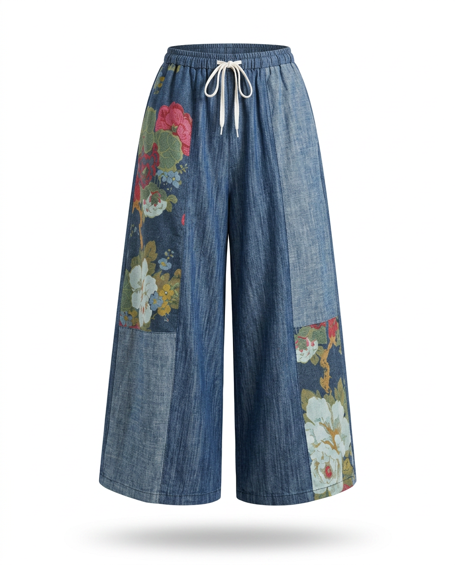 Wild Heart Denim Floral Patchwork Trousers Boho Brown