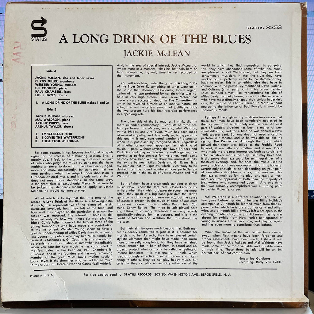 Jackie McLean - A Long Drink Of The Blues | Very Good (VG) Very Good Plus (VG+) Love Vinyl Records