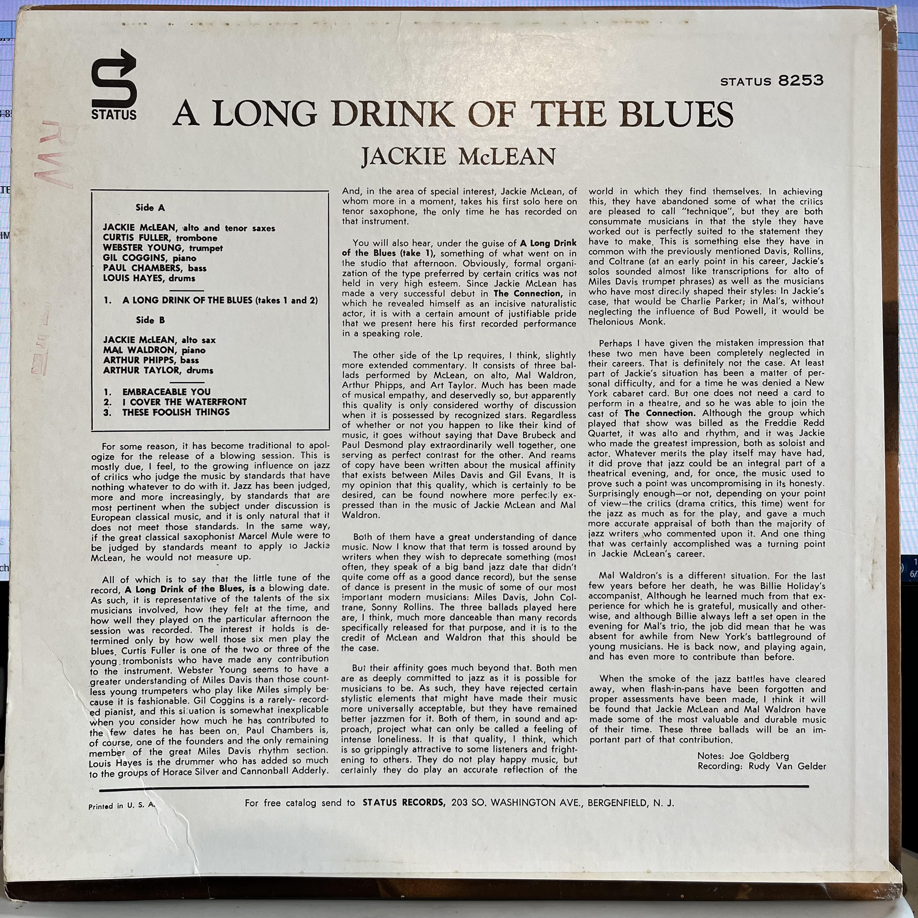 Jackie McLean - A Long Drink Of The Blues | Very Good (VG) Very Good Plus (VG+) Love Vinyl Records