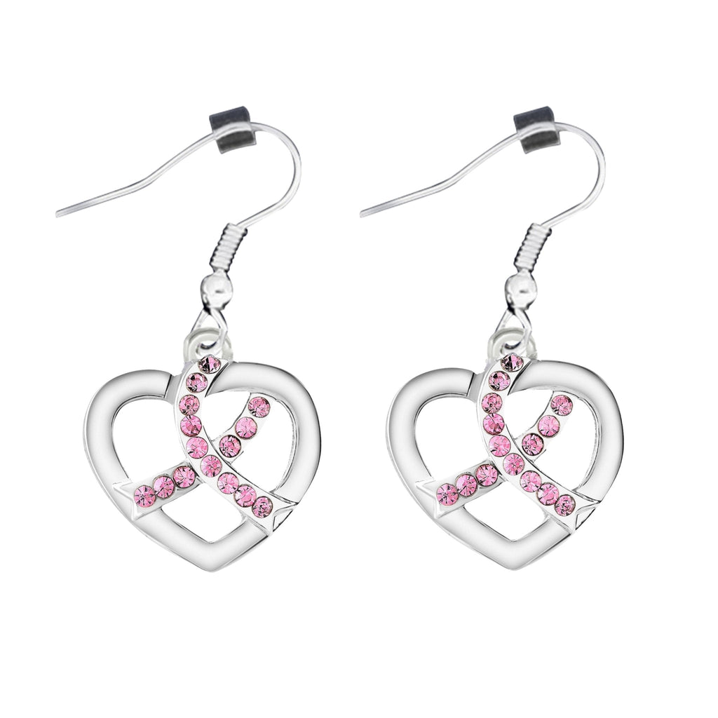 Breast Cancer Crystal Pink Ribbon Heart Hanging Earrings The Awareness Company