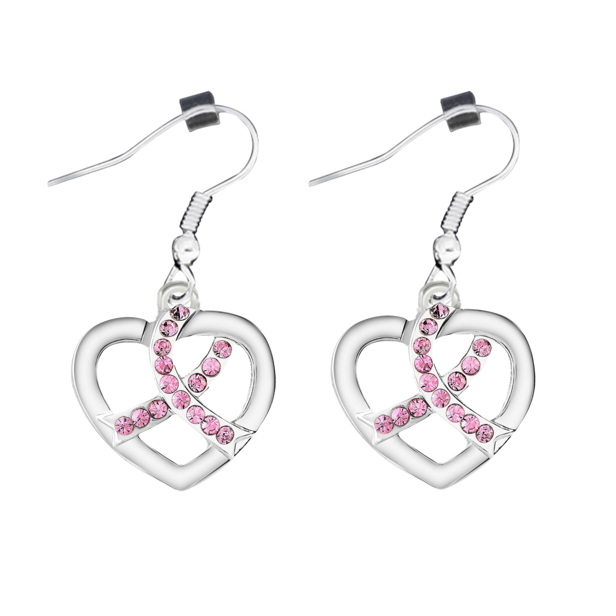 Breast Cancer Crystal Pink Ribbon Heart Hanging Earrings The Awareness Company