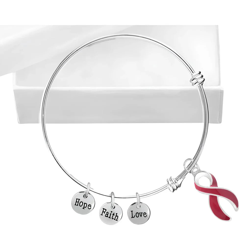 Burgundy Ribbon Awareness Retractable Bracelet – Hope, Faith, Love Charms The Awareness Company