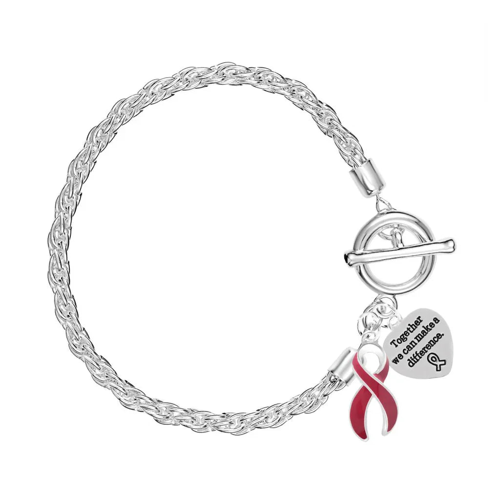 Burgundy Ribbon Awareness Rope Bracelet with Heart & Ribbon Charms The Awareness Company