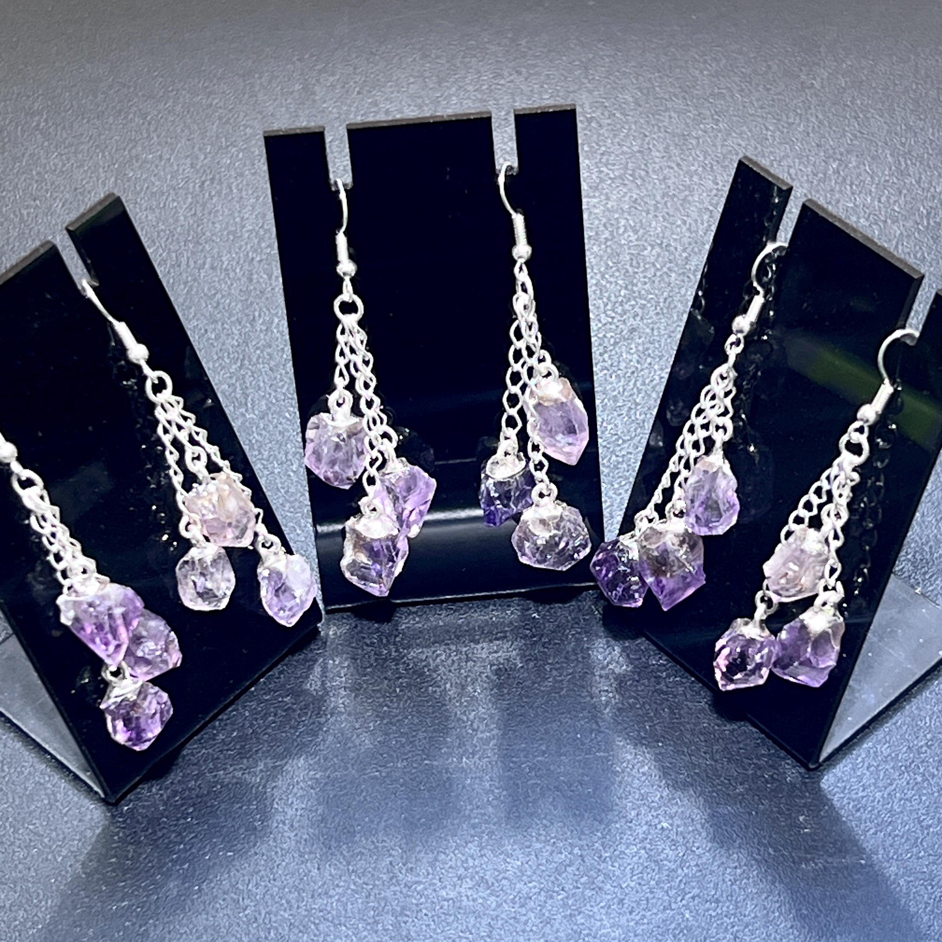Amethyst Triple Crystal Earrings Pair (Stainless Steel Silver Hooks) Amazing Crystals