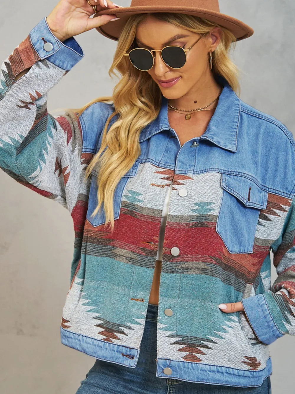 Geometric Button Up Dropped Shoulder Denim Jacket NicholesGifts