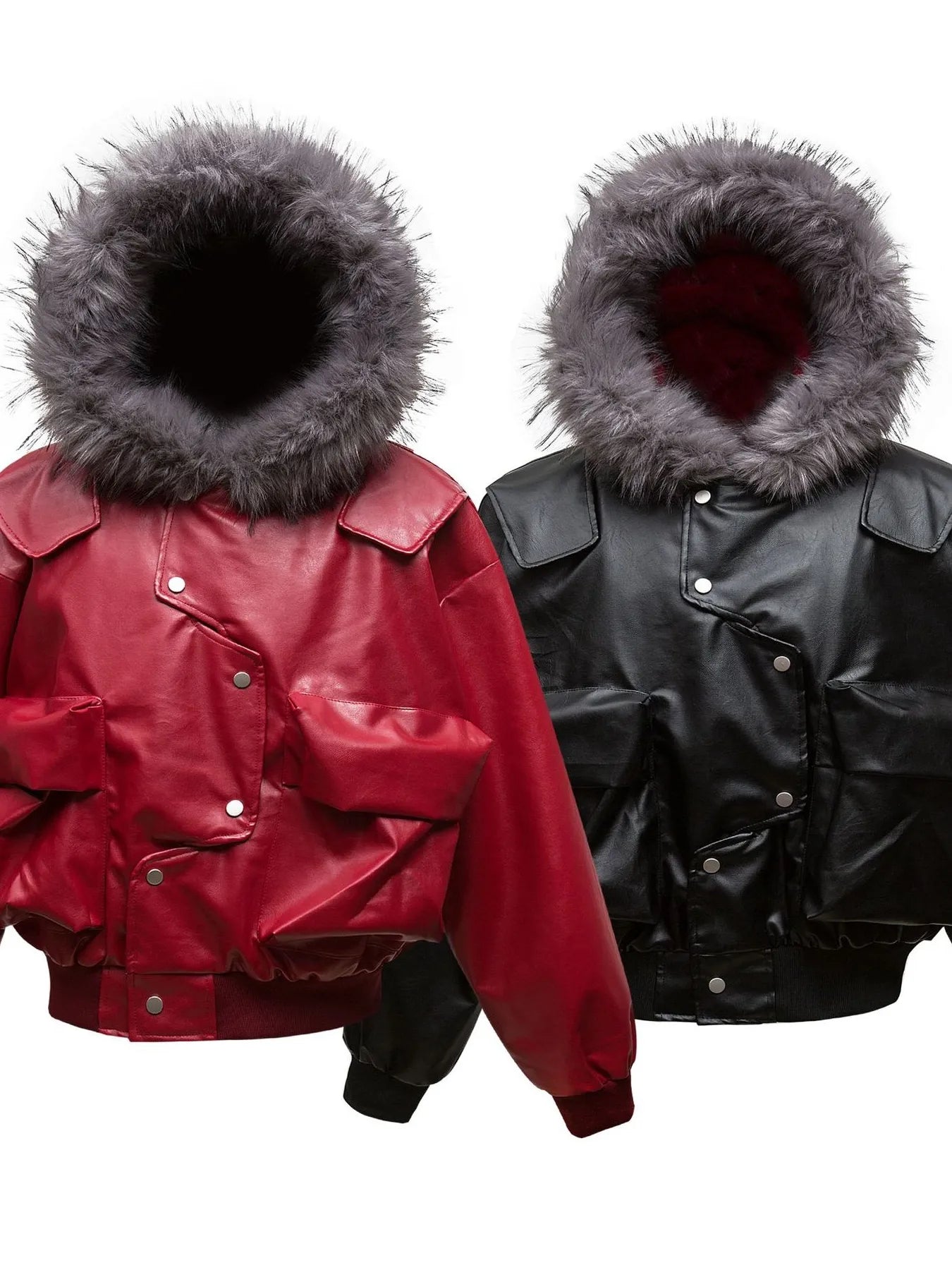 Men's Leather Bomber Jacket with Faux Fur Hood NicholesGifts