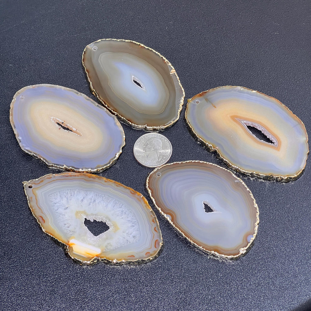 Drilled Hole Natural Gray Brown Agate Slice (2mm Hole)(Gold Plated Edges) Wholesale Amazing Crystals