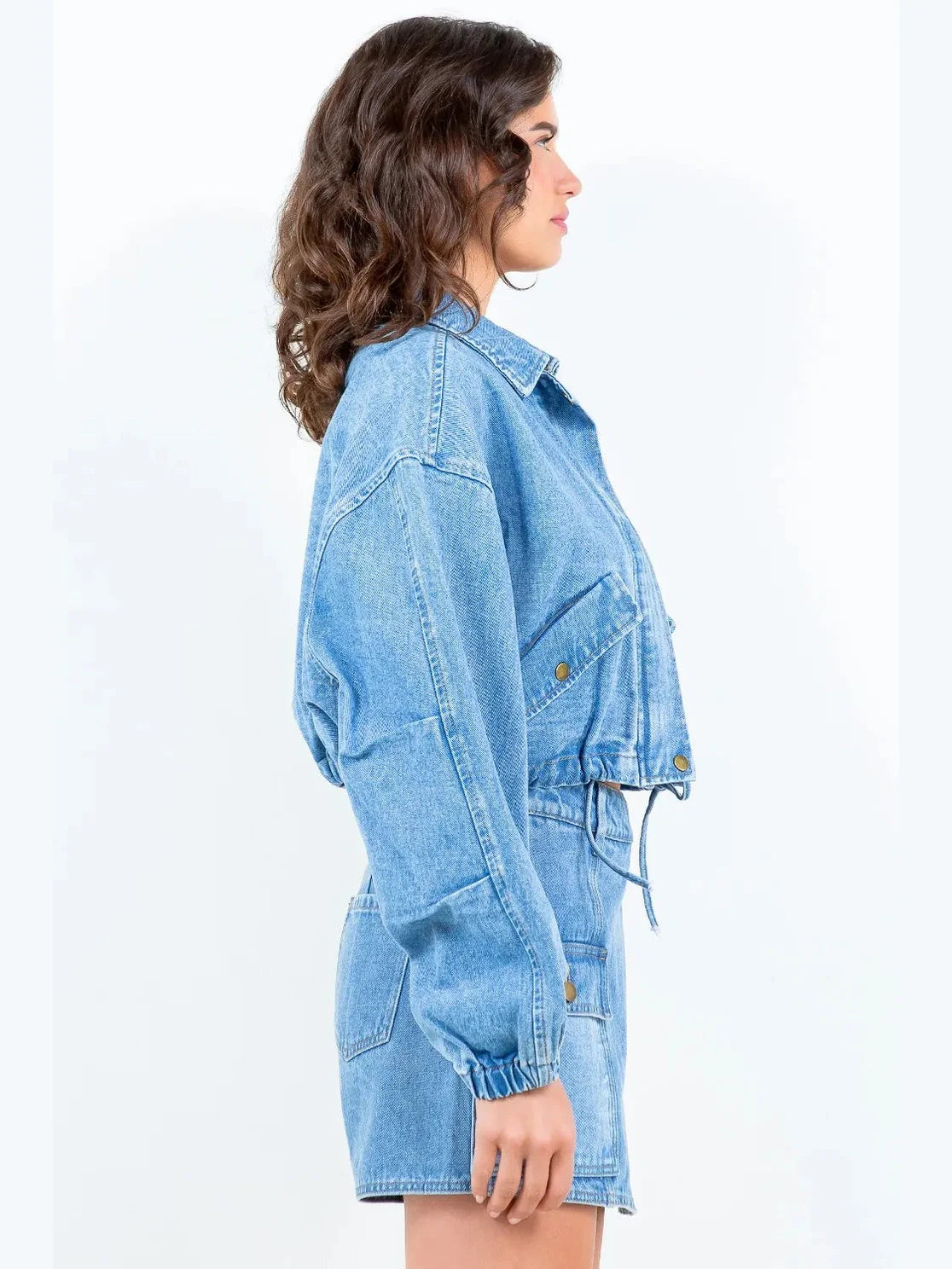 American Bazi Drawstring Waist Crop Denim Jacket NicholesGifts