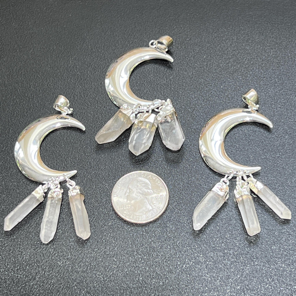 Quartz Crystal Crescent Moon Pendant (Silver Plated)(3 Crystals) Gemstone Jewelry Necklace Supply Amazing Crystals