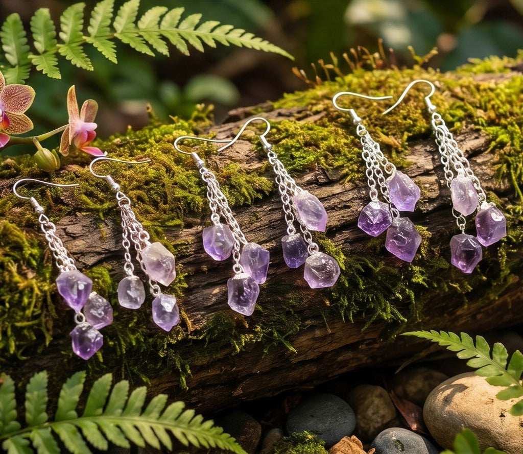 Amethyst Triple Crystal Earrings Pair (Stainless Steel Silver Hooks) Amazing Crystals