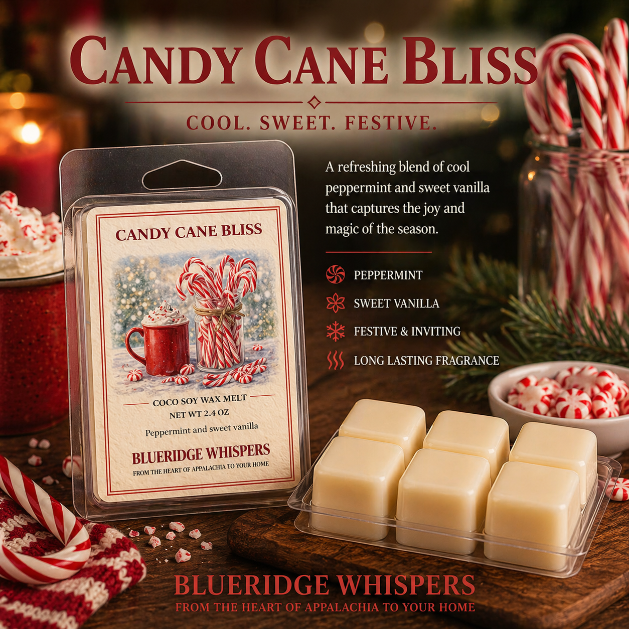 Candy Cane Bliss Soy Wax Melts Blue Ridge Whispers