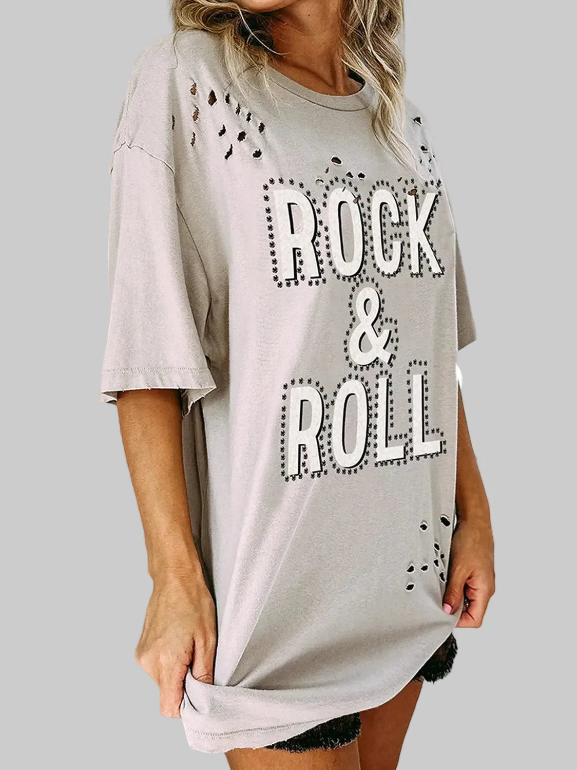 Women ROCK & ROLL Round Neck Dropped Shoulder Short Sleeve T-Shirt NicholesGifts