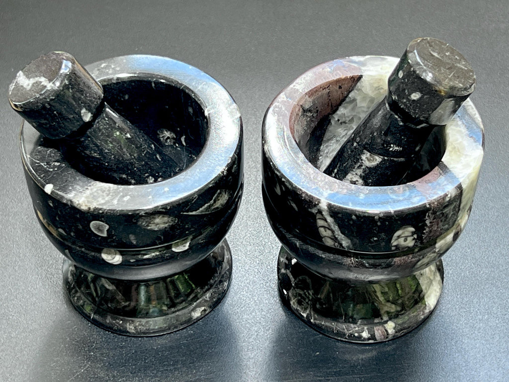 Orthoceras Mortar and Pestle Set (Mortar + Pestle) Polished Black Fossil Stone Carving Grinder Mixer Amazing Crystals