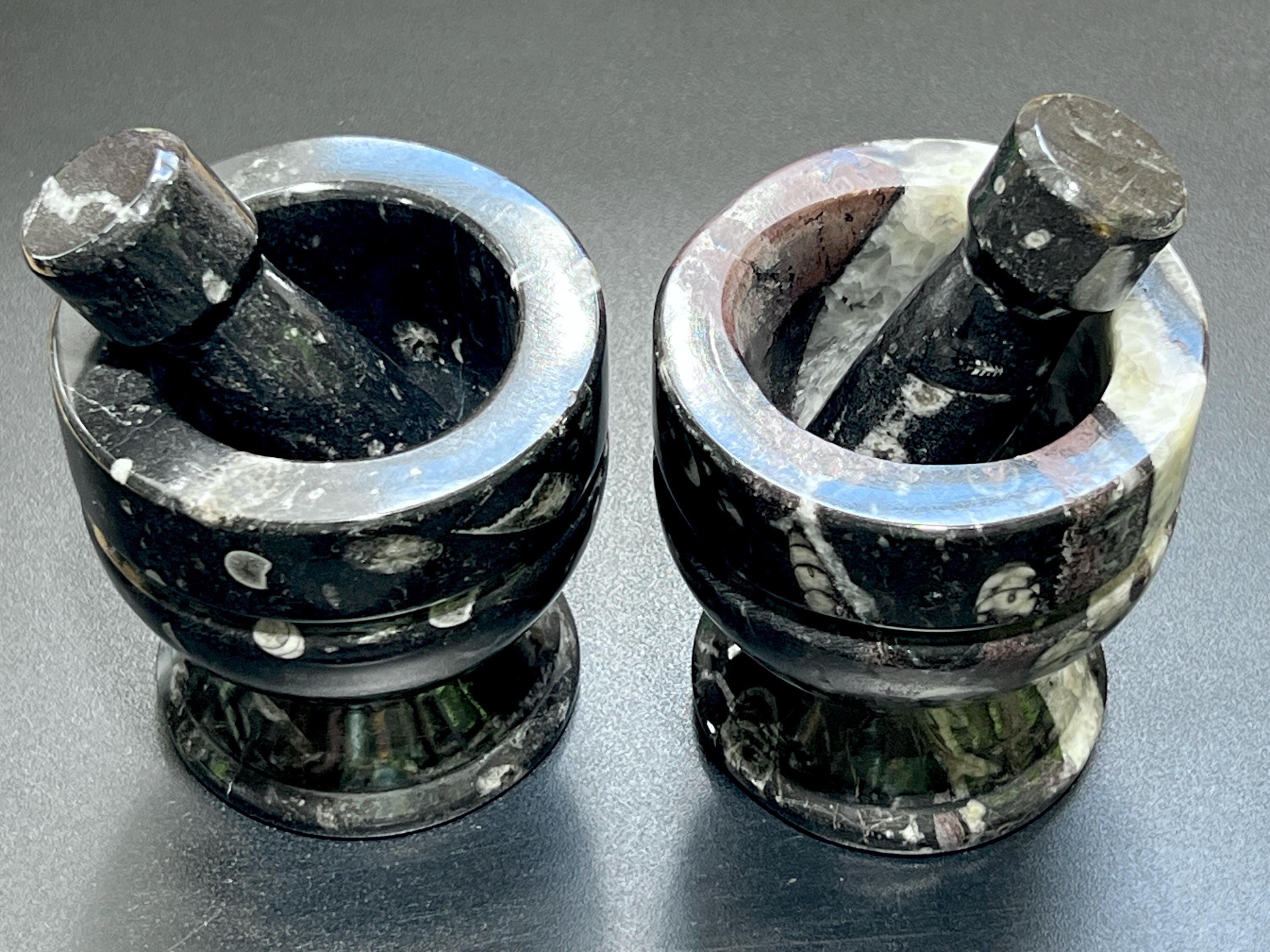 Orthoceras Mortar and Pestle Set (Mortar + Pestle) Polished Black Fossil Stone Carving Grinder Mixer Amazing Crystals