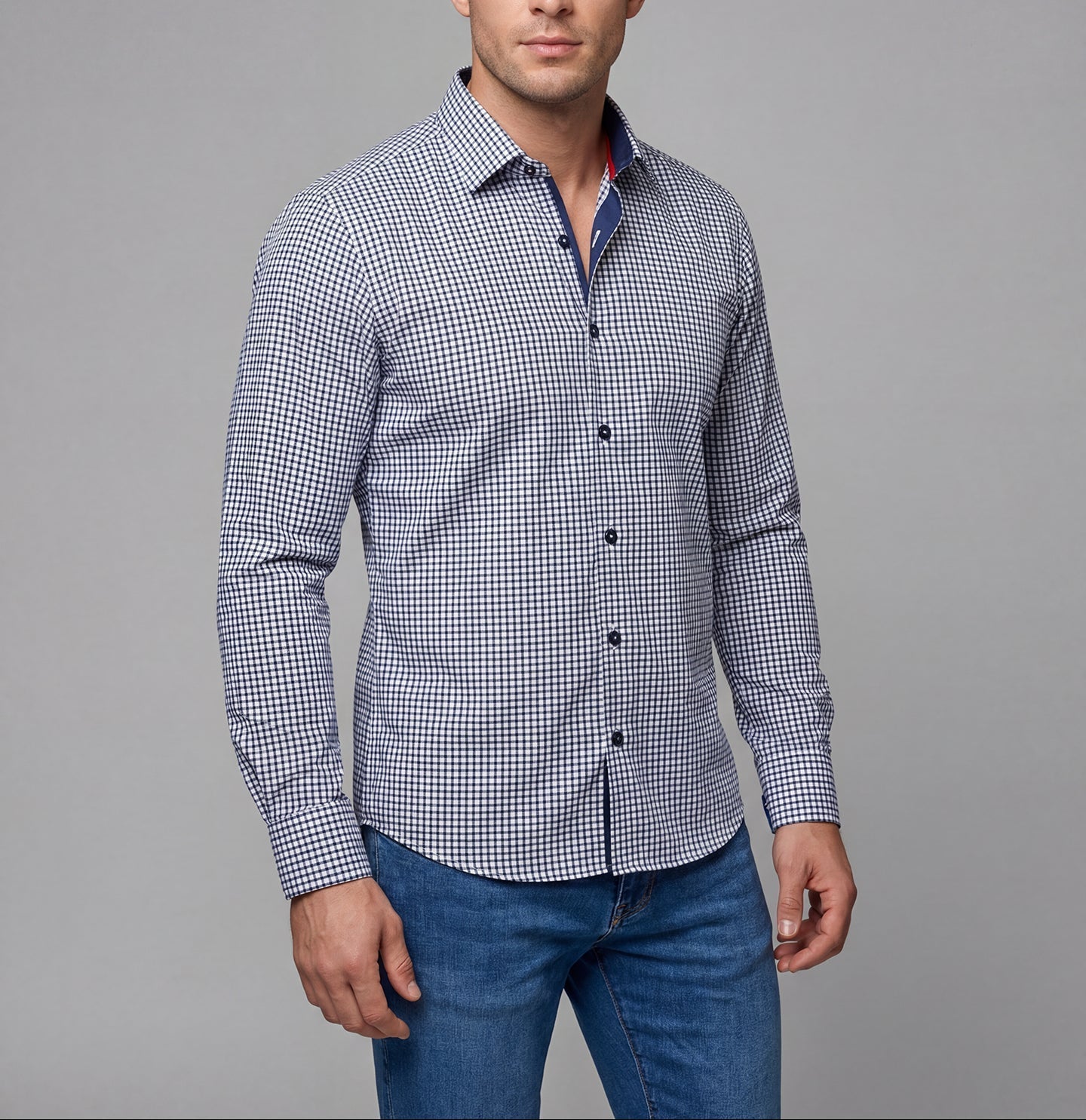 Michael Button-Up Shirt With Contrast Details // Navy Check // Contemporary Fit (Regular) LEVINAS® Official