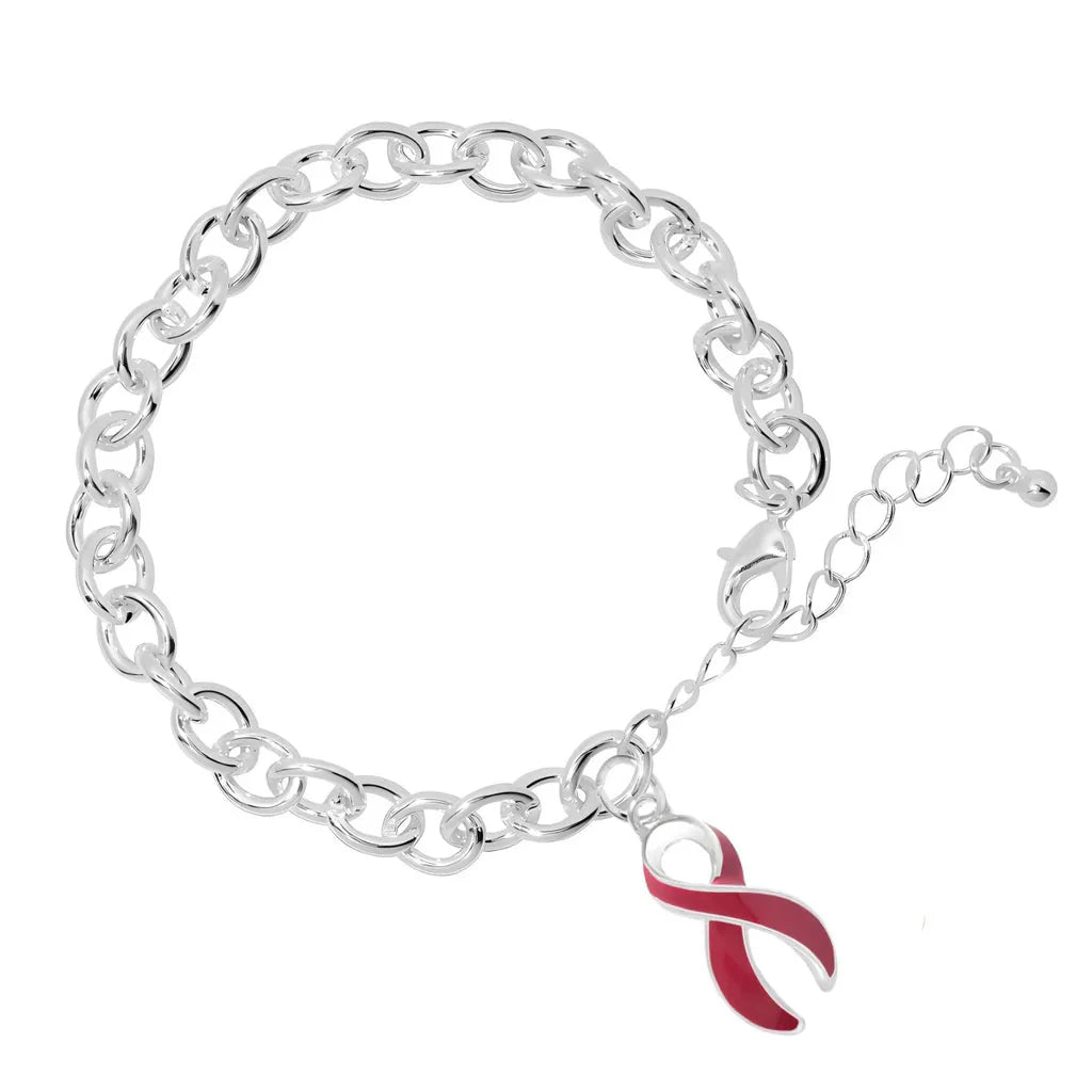 Chunky Silver Bracelet with Burgundy Ribbon Charm The Awareness Company