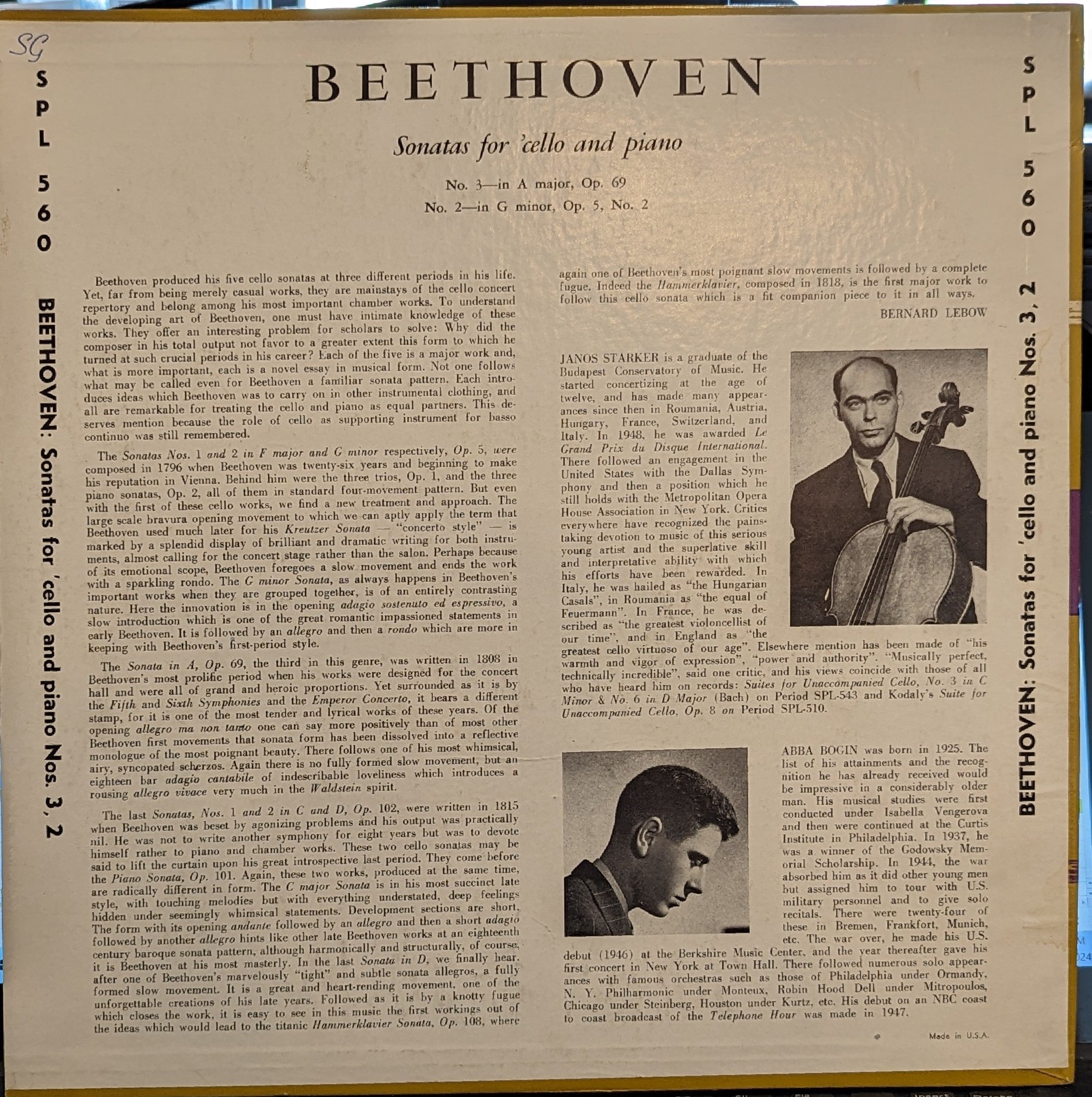 Ludwig van Beethoven - Sonatas For 'Cello and Piano | Excellent (EX) Near Mint (NM) Love Vinyl Records