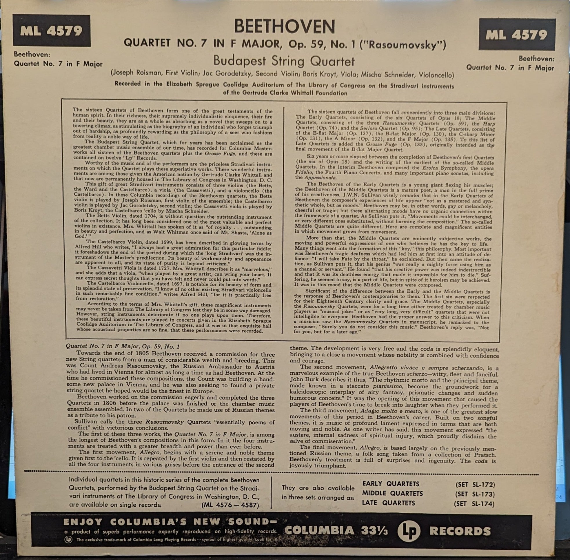 Ludwig van Beethoven - Quartet No. 7 in F Major, Op. 59, No. 1 | Excellent (EX) Near Mint (NM) Love Vinyl Records