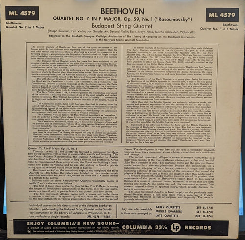 Ludwig van Beethoven - Quartet No. 7 in F Major, Op. 59, No. 1 | Excellent (EX) Near Mint (NM) Love Vinyl Records