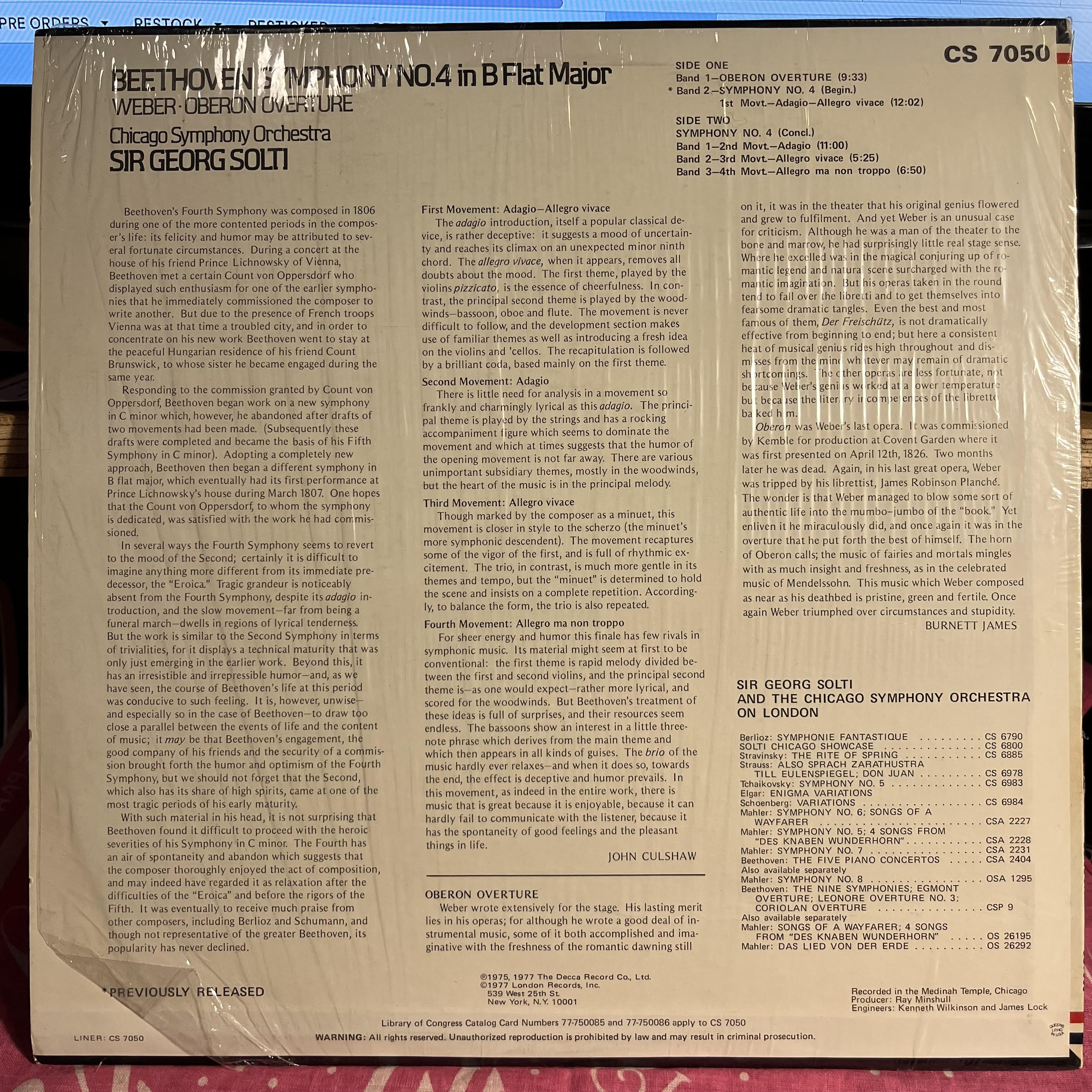 Ludwig Van Beethoven - Symphony No. 4 In B Flat Major · Oberon Overture *SHRINK* | Near Mint (NM) Near Mint (NM) Love Vinyl Records
