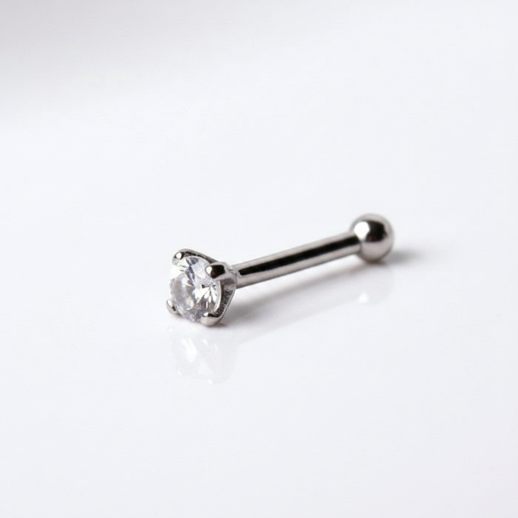 14Kt White Gold Stud Nose Ring with Prong Setting Gem Fashion Hut Jewelry