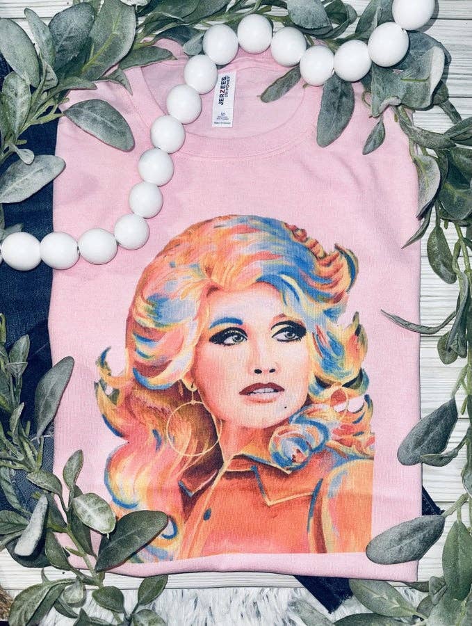 1/2 Penny "Dolly" Country Queen Western Graphic Tee — Vibrant Pop-Art Style on Petal Pink Cotton-Poly Cowhide and Conchos