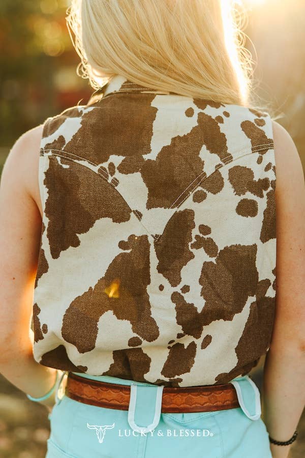 LUCKY & BLESSED Sleeveless Cowhide Print Denim Western Shirt with Pearl Snaps — Brown & Cream - small remains Cowhide and Conchos