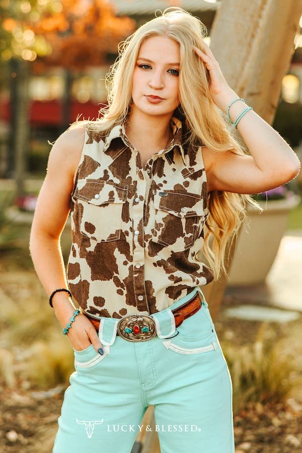 LUCKY & BLESSED Sleeveless Cowhide Print Denim Western Shirt with Pearl Snaps — Brown & Cream - small remains Cowhide and Conchos