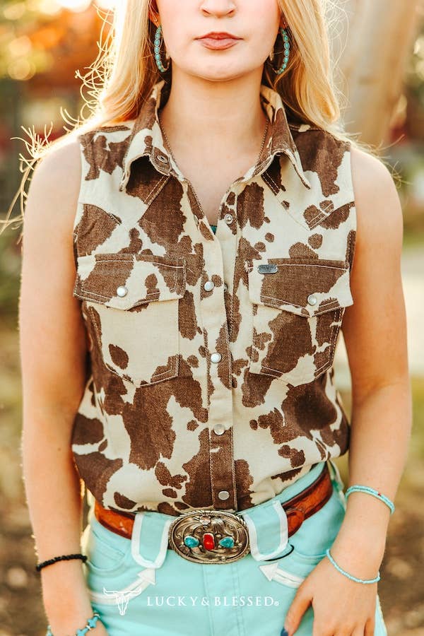 LUCKY & BLESSED Sleeveless Cowhide Print Denim Western Shirt with Pearl Snaps — Brown & Cream - small remains Cowhide and Conchos