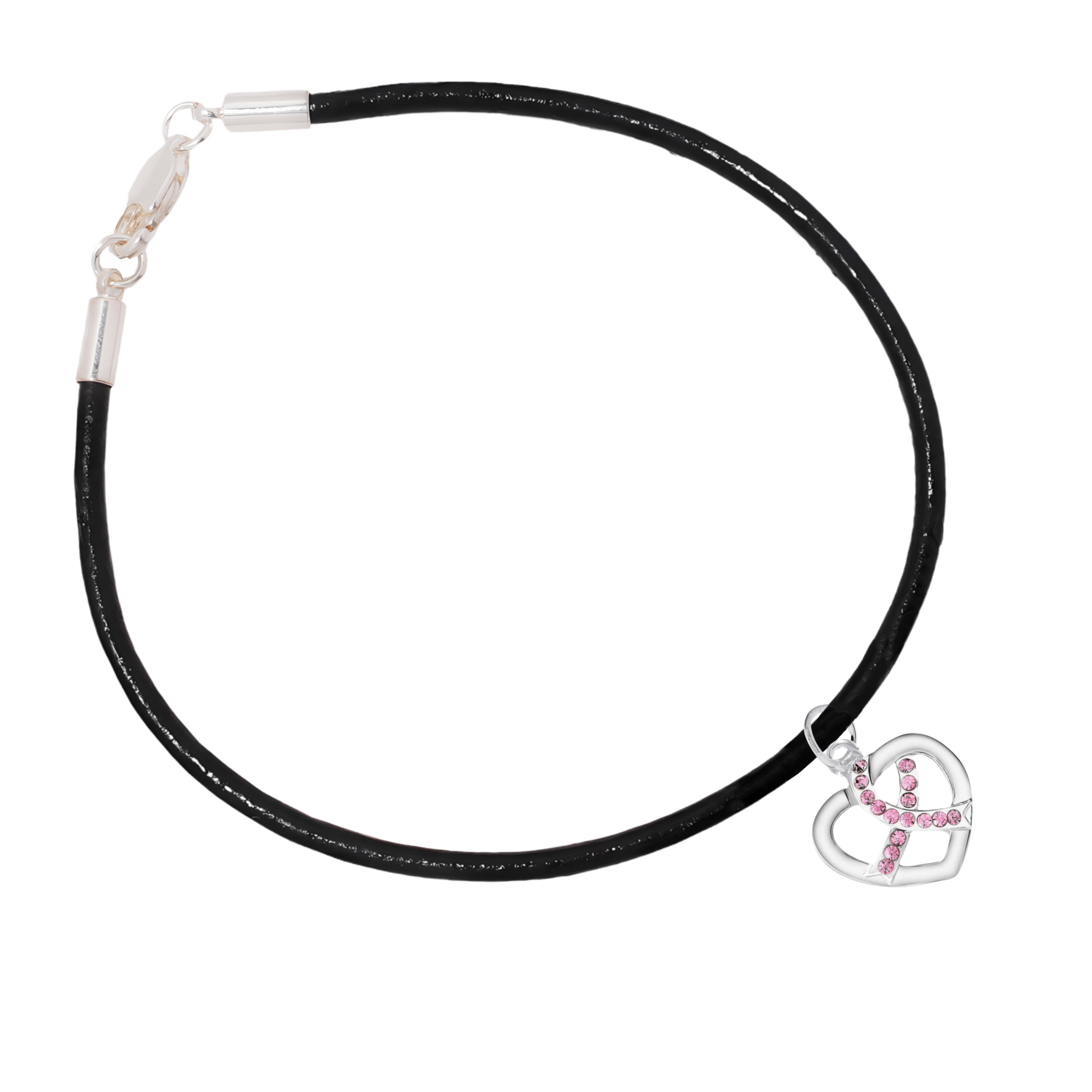 Crystal Pink Ribbon Heart Charm Leather Cord Bracelets The Awareness Company